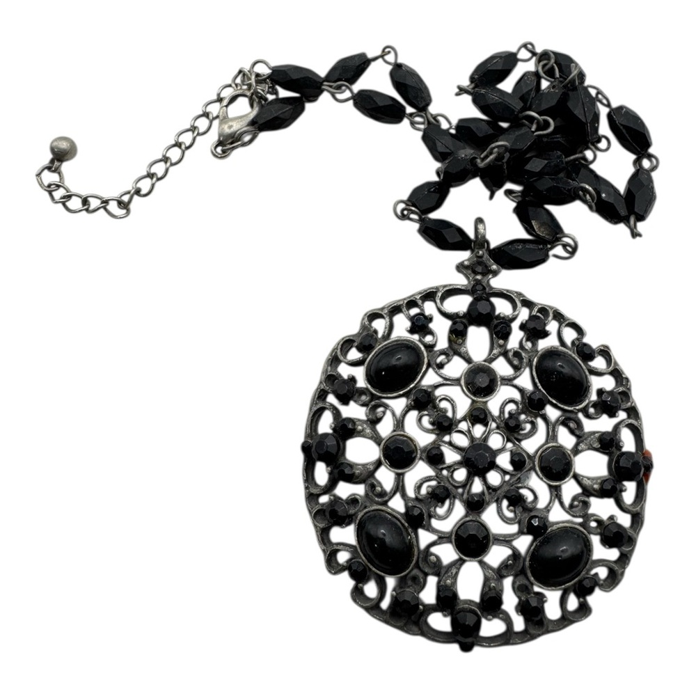 Vintage‎ Black Filigree Pendant Necklace Gothic Victorian Style Beads